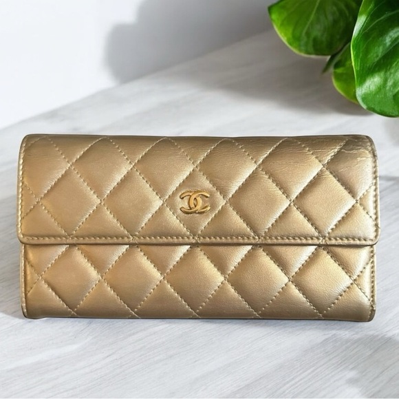 Authentic CHANEL Champagne Gold Quilted Lambskin Leather Flap Long Wallet